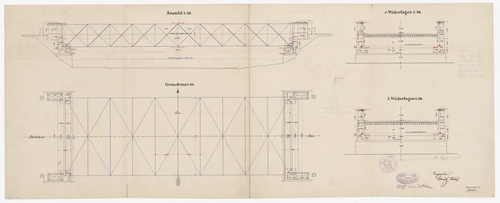 Dübendorf: Brücke über die Glatt, Unterbau; Ansicht, Grundriss und Schnitte