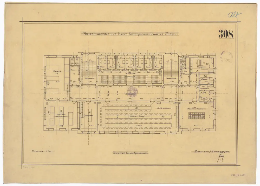 Polizeikaserne und kantonales Kriegskommissariat: 2. Stock; Grundriss
