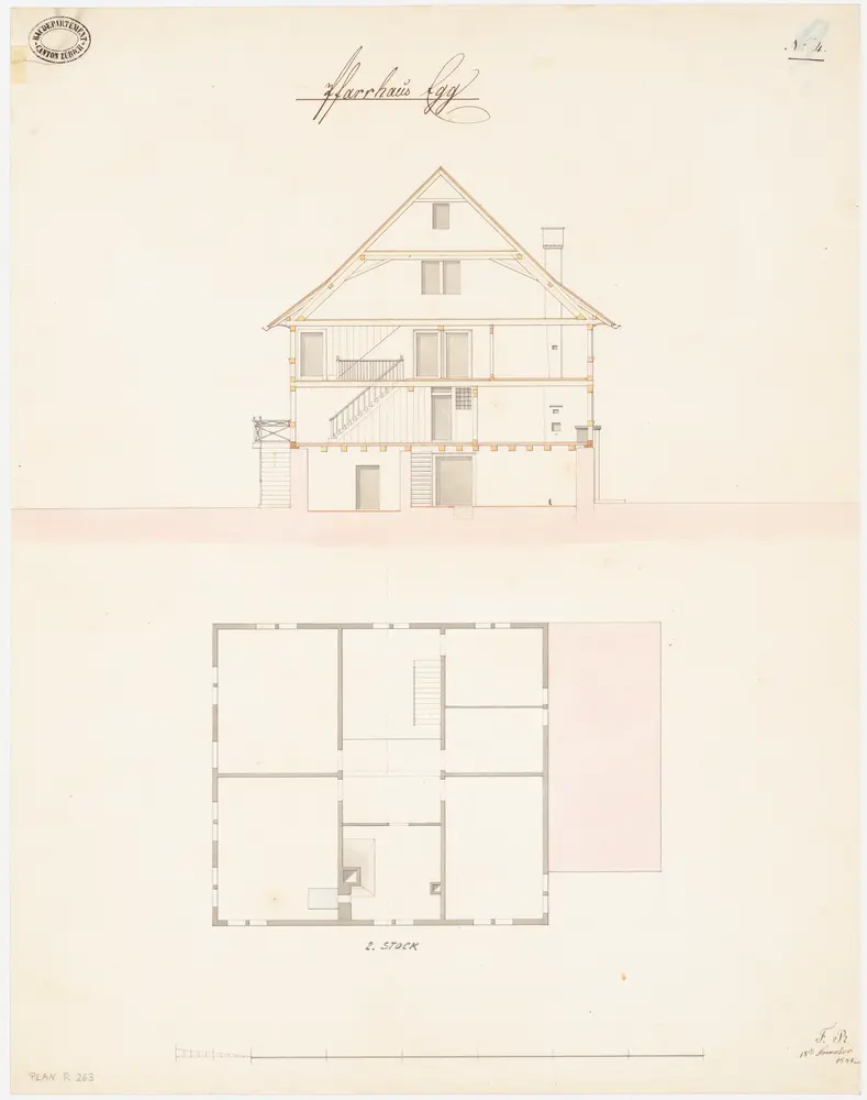 Egg: Pfarrhaus; Querschnitt und Grundriss des 2. Stocks (Nr. 4)