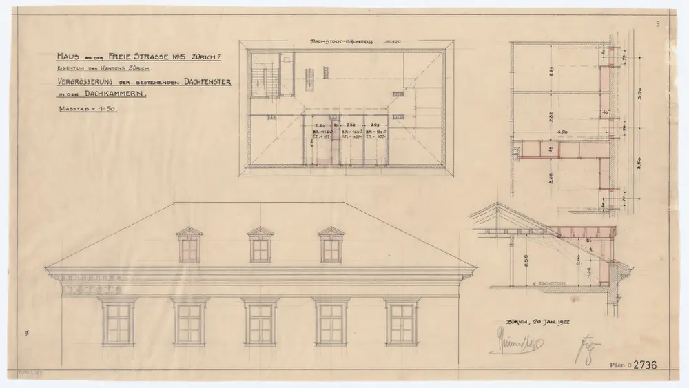 Haus Freiestrasse 15: Vergrösserung der bestehenden Dachfenster in den Dachkammern; Ansicht, Grundriss und Schnitte