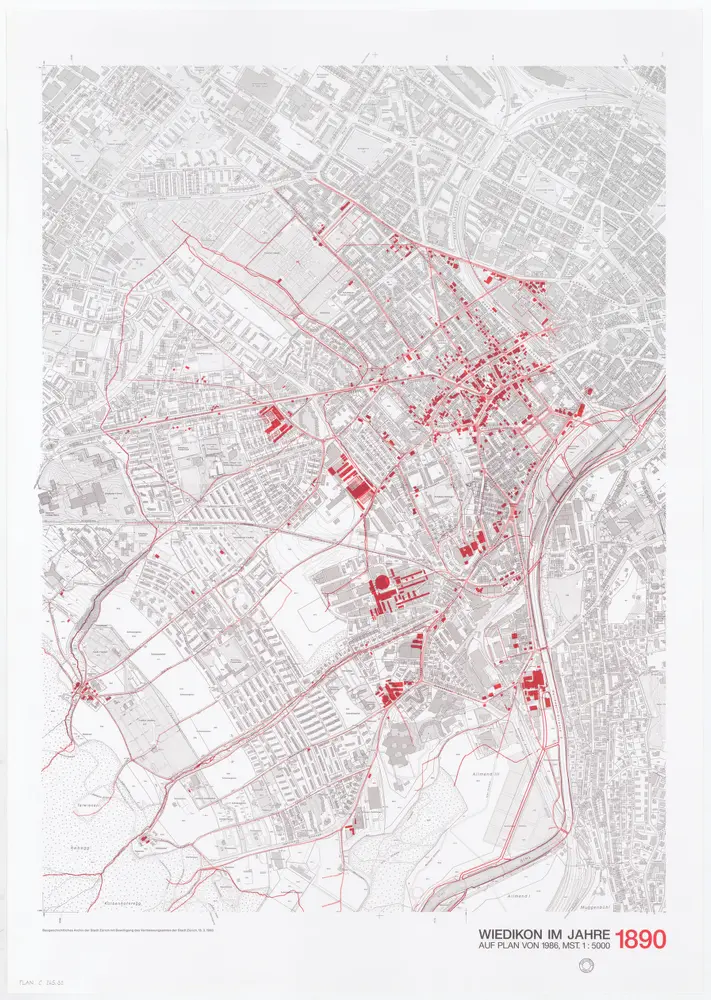 Historische Bauzustände der Zürcher Aussenquartiere in 48 Blättern: Wiedikon im Jahre 1890 auf einem Plan von 1986; Übersichtsplan