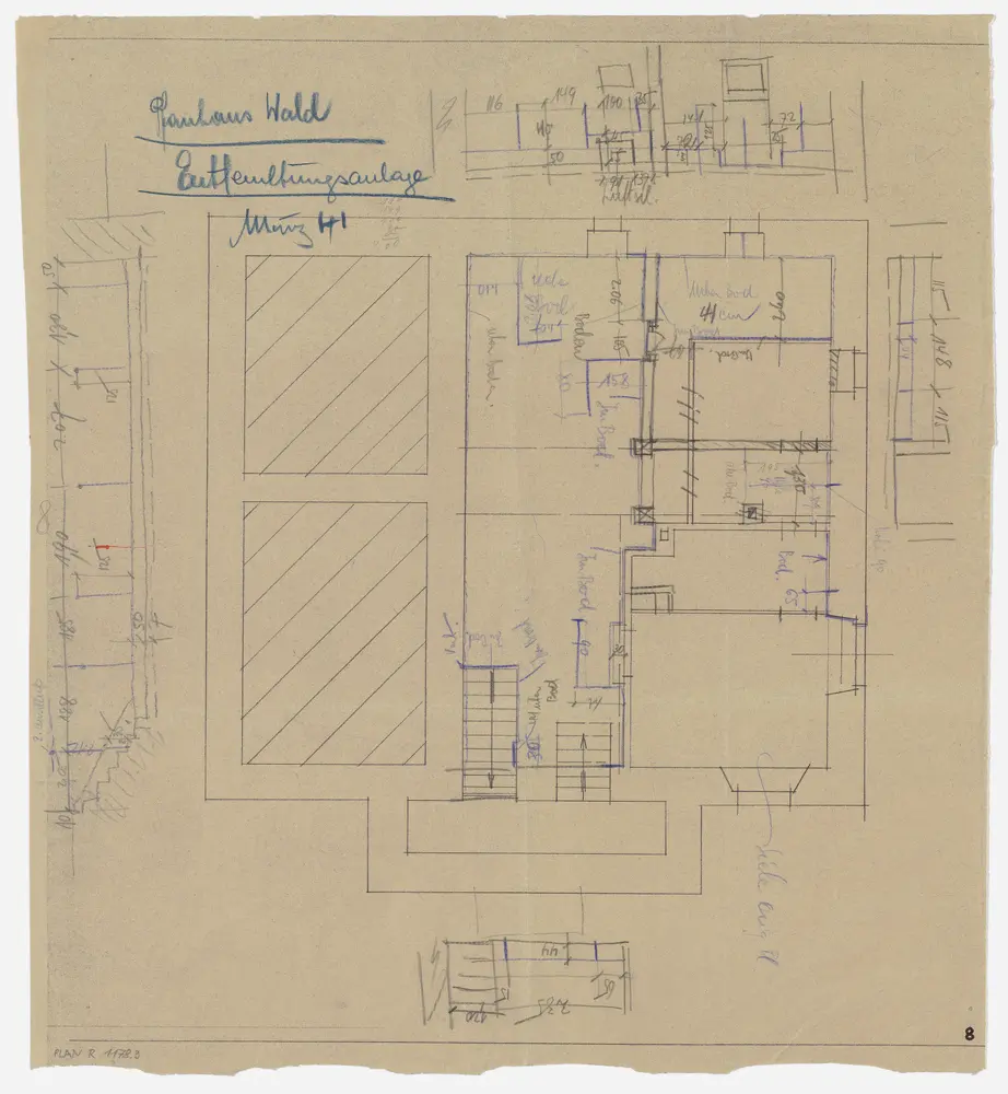 Wald: Pfarrhaus (Nr. 24): Wald: Pfarrhaus, Entfeuchtungsanlage; Grundriss und Ansichten bzw. Leitungsplan (Nr. 8)