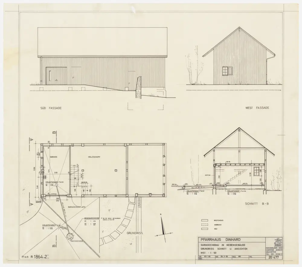 Dinhard: Holzschuppen, Garageneinbau: Grundriss, Querschnitt, Süd- und Westansichten