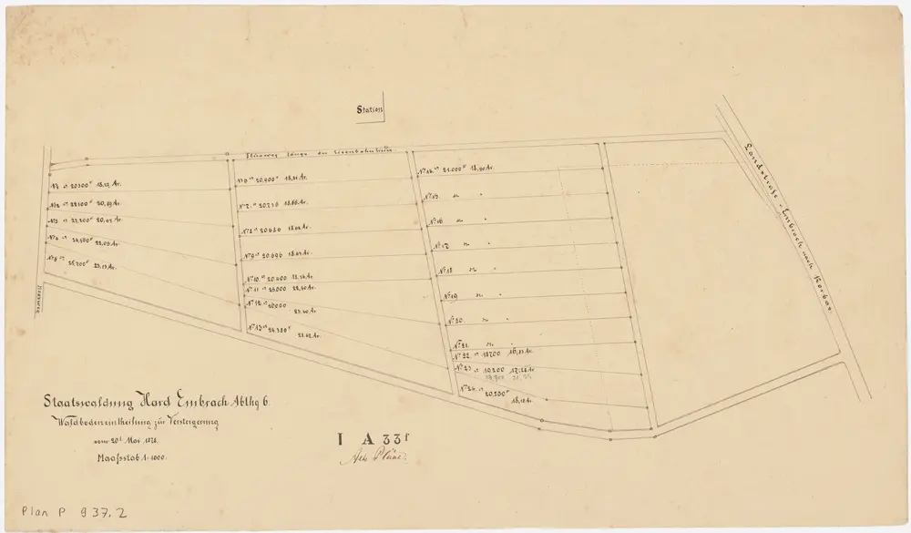 Embrach: Vom Staat in den Jahren 1856-1878 versteigerte Parzellen in der Staatswaldung Hard: Zur Versteigerung vorgesehene Parzellen; Grundriss