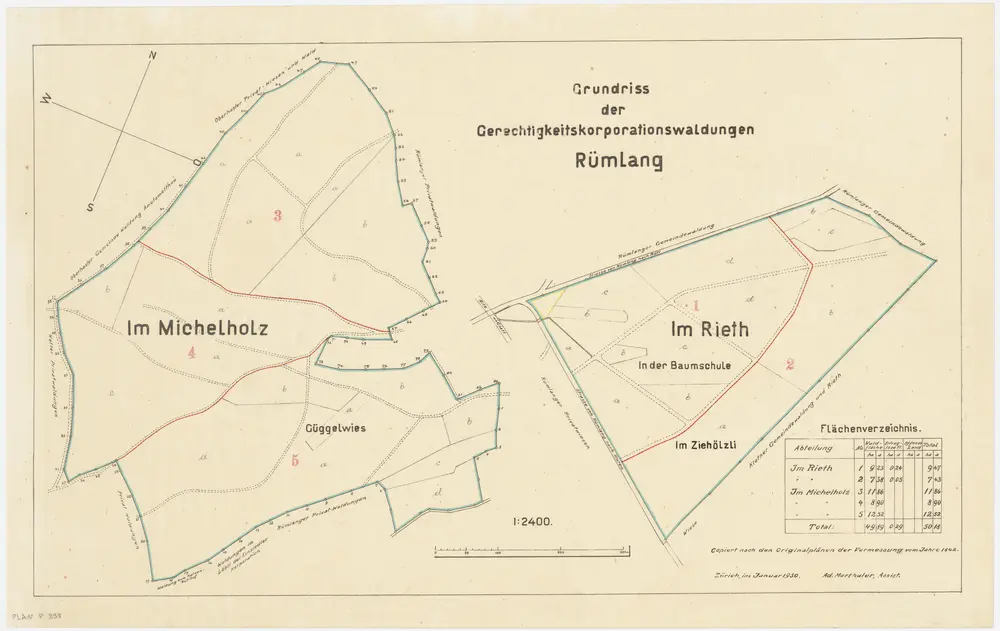 Rümlang: Gerechtigkeitsgenossenschaftswaldung Michelholz, Güggel (Güggelwies), Riet, Baumschuel (Baumschule), Ziehölzli; Grundrisse