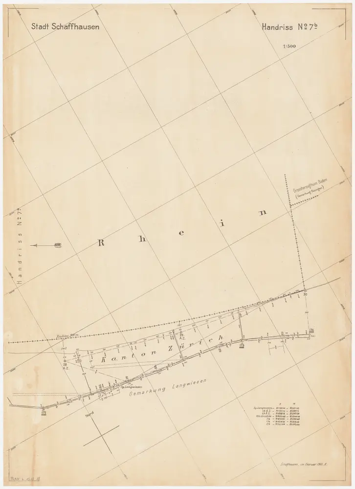 Feuerthalen bis Flurlingen: Durch den Vertrag vom 11.01.1901 zwischen den Kantonen Zürich und Schaffhausen festgelegter Grenzverlauf am linken Rheinufer bei Schaffhausen; Situationsplan-Handrisse: Rhein bei Langwiesen bis zur Grenze zu Büsingen (Deutschland); Situationsplan-Handriss (Nr. 7 b)