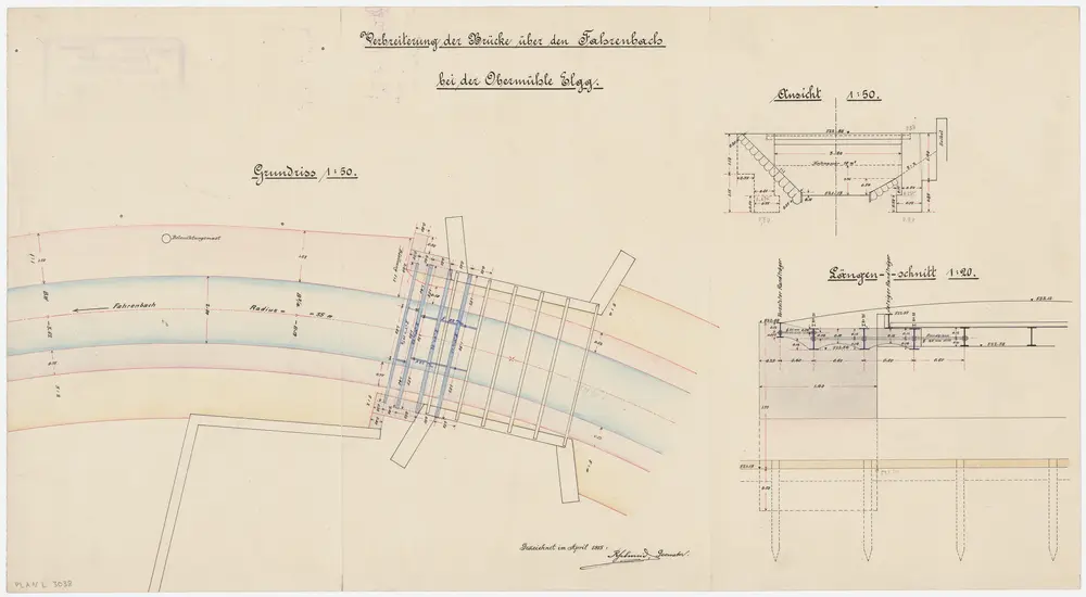 Elgg: Bei der Obermühle, Verbreiterung der Brücke über den Farenbach; Grundriss, Anschicht und Längsschnitt (Tösszuflüsse rechtes Ufer, Nr. 15)