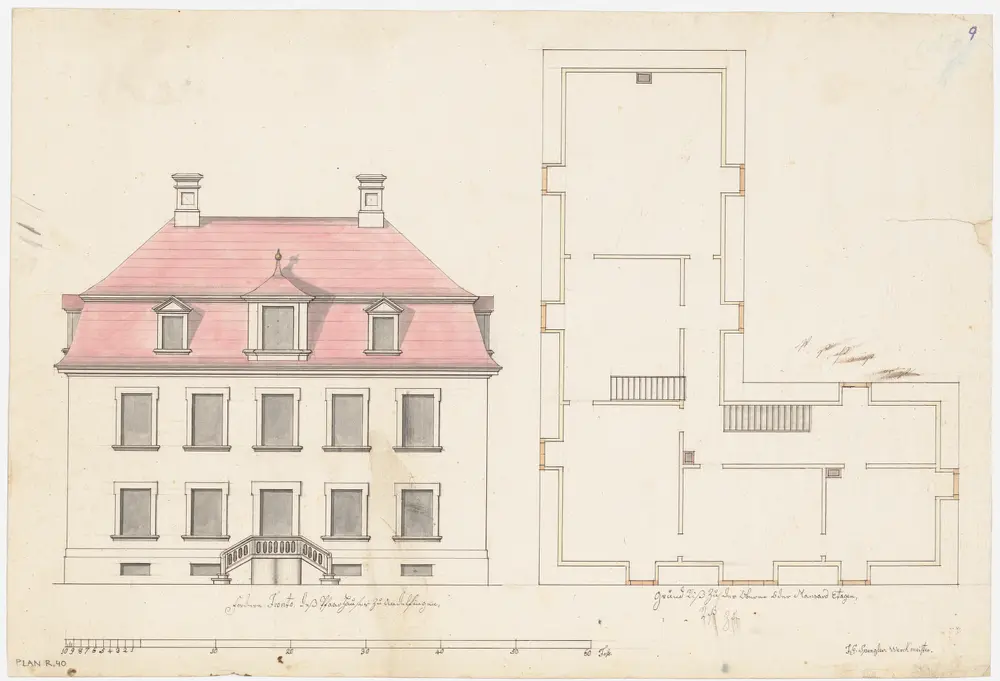 Andelfingen: Pfarrhaus, projektierter Um- bzw. Neubau; Ansicht der Hauptfassade und Grundriss des Dachgeschosses (Nr. 9)