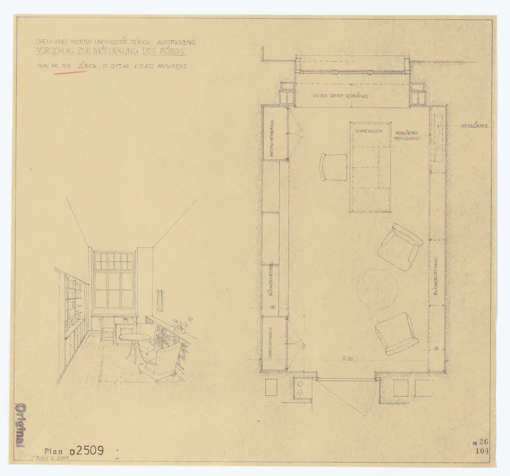 Universität Zürich (Chemisches Institut), Rämistrasse 74 und 76: Aufstockung, Vorschlag zur Möblierung des Büros; Ansicht und Grundriss