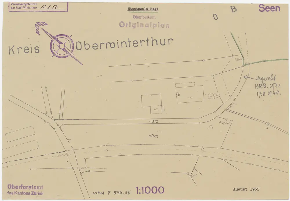 Winterthur, Seen, Oberwinterthur: Staatswaldungen: Winterthur: Wegrecht bei der Staatswaldung Hegi gemäss Regierungsratsbeschluss 1932 vom 17.08.1944; Grundriss