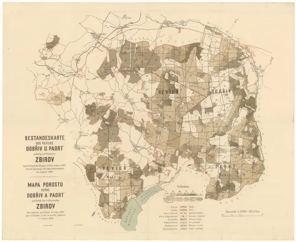 Bestandeskarte der Reviere Dobřiv u. Padrť gehörig zu Domaine Zbirov