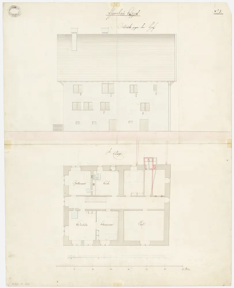 Kappel am Albis: Pfarrhaus; Ostansicht und Grundriss des 1. Stocks (Nr. 3)