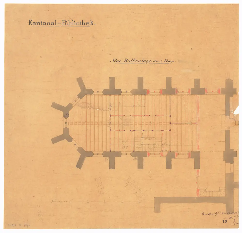 Kantonsbibliothek im Predigerchor: 1. Stock, neue Balkenlage; Grundriss (Nr. 19)