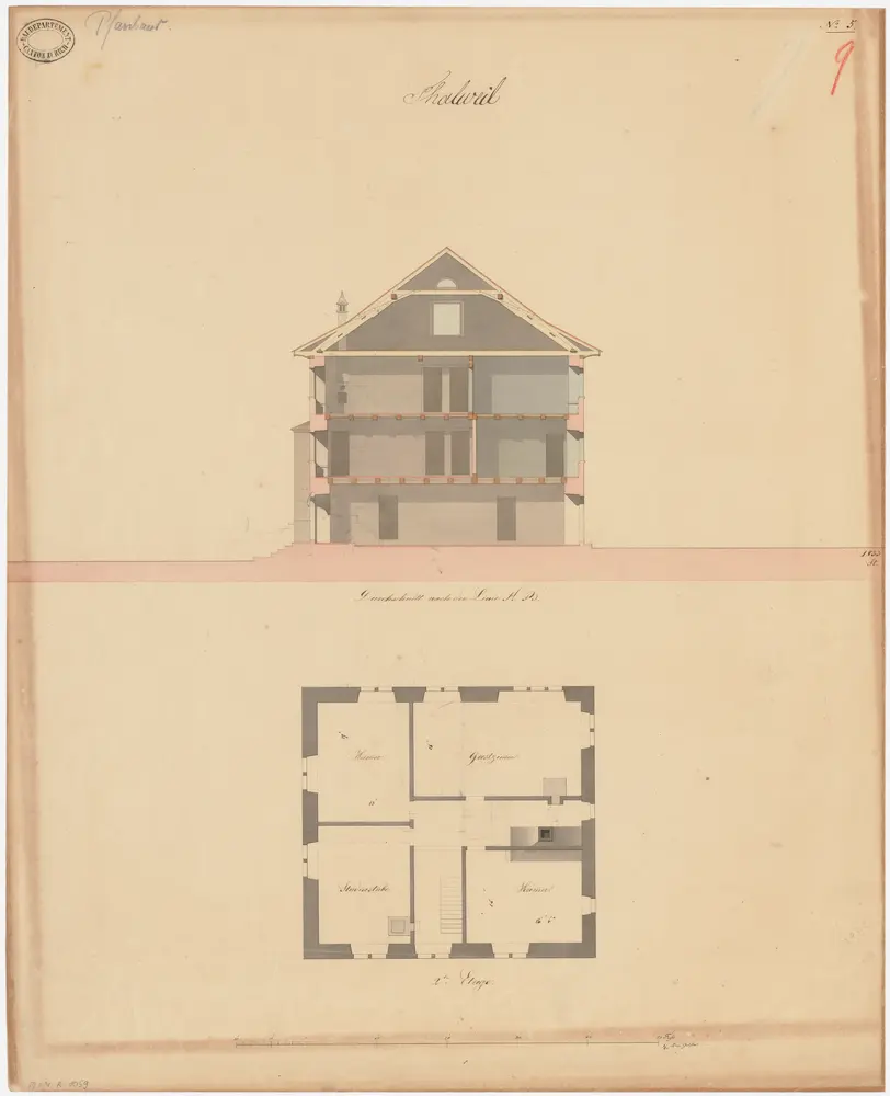 Thalwil: Pfarrhaus; Grundriss des 2. Stocks und Querschnitt (Nr. 9)