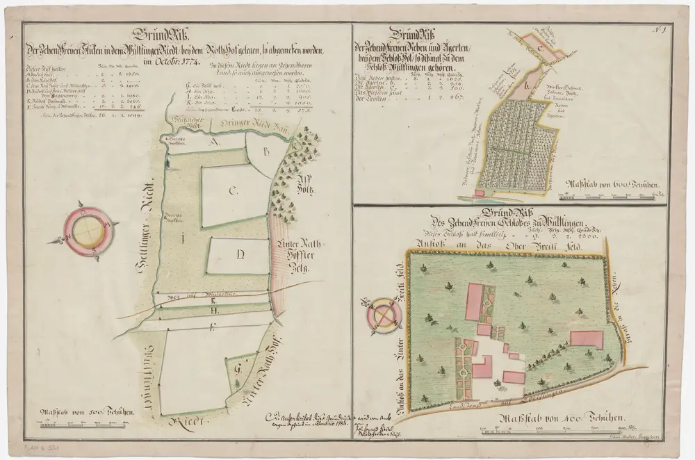 Wülflingen: a) Zehntenfreie Güter im Wülflinger Riet beim Radhof; Grundriss; b) Zehntenfreie Reben und Ägerten beim Schlosshof, dem Schloss Wülflingen gehörend; Grundriss; c) Zehntenfreies Schloss Wülflingen; Grundriss (Nr. 1)