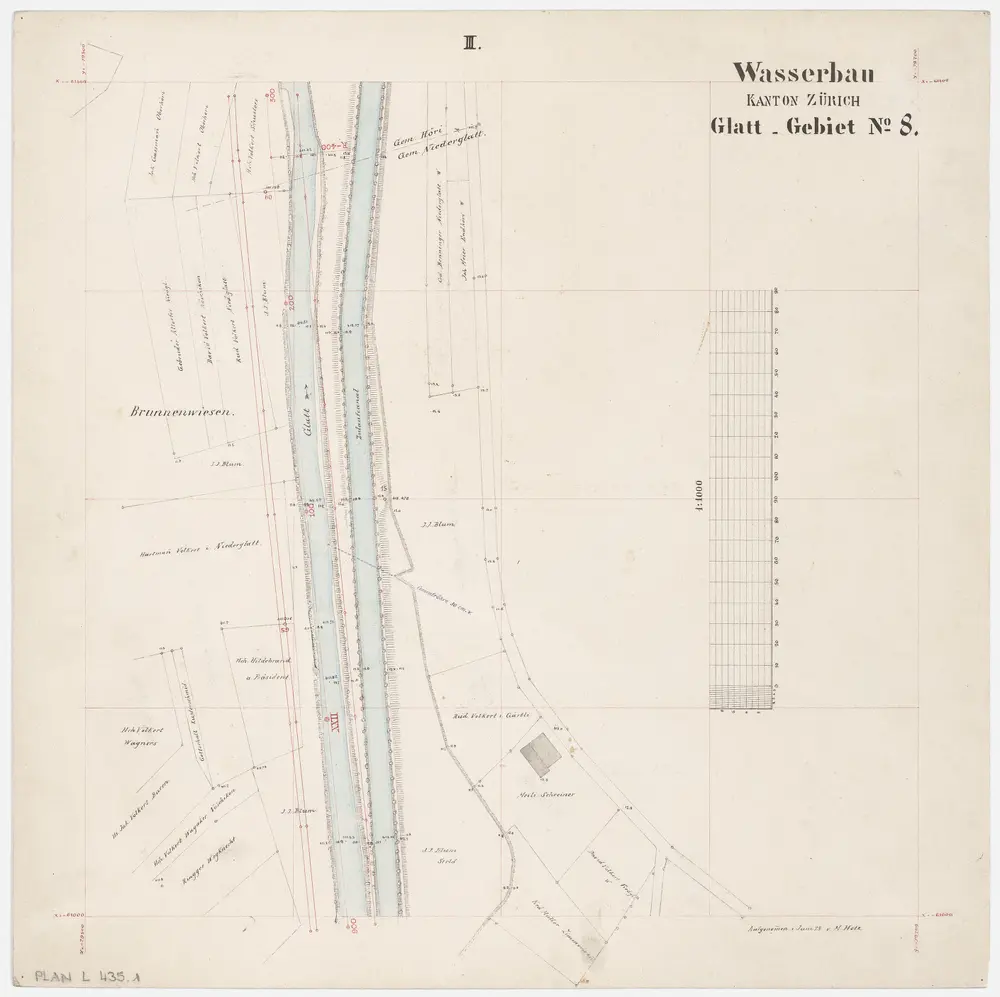 Rümlang bis Bülach: Glatt von der Mühle in Rümlang bis zum Zieglenwehr in Bülach; Grundrisse (Glatt-Gebiet Nr. 8): Blatt III: Glatt bei den Brunnenwiesen in Niederglatt-Nöschikon; Grundriss (Glatt-Gebiet Nr. 8)