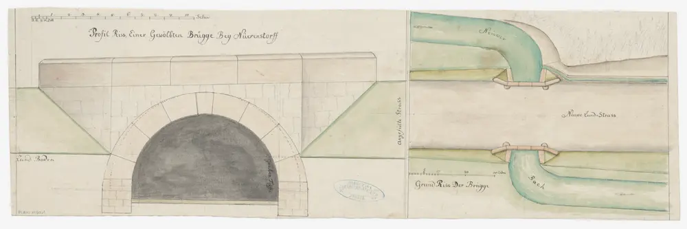 Nürensdorf: Projektierte gewölbte Steinbrücke über den Dorfbach: Grundriss und Querschnitt