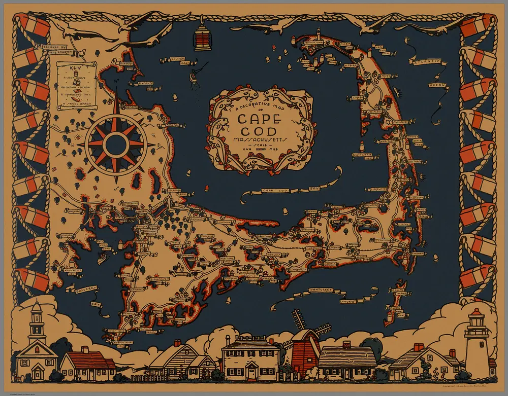 A decorative map of Cape Cod, Massachusetts. Copyright 1937