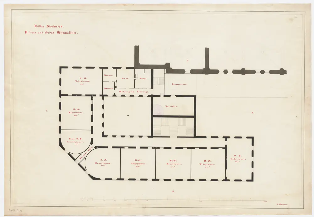 Projektierte Kantonsschule beim Grossmünster: 3. Stock (Unteres und Oberes Gymnasium); Grundriss (Nr. 9)