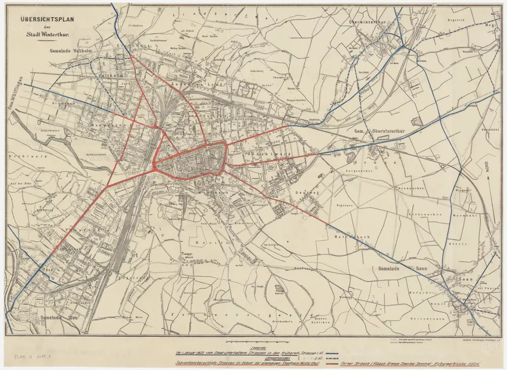 Winterthur: Strassen in der Umgebung der Altstadt: Winterthur: Subventionsberechtigte Strassen im Gebiet der ehemaligen Stadtgemeinde; Übersichtsplan