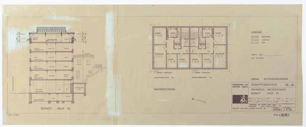 Haus Stampfenbachstrasse 28 und 30: Ansichten, Grundriss und Schnitt: Dachgeschoss; Grundriss und Schnitt