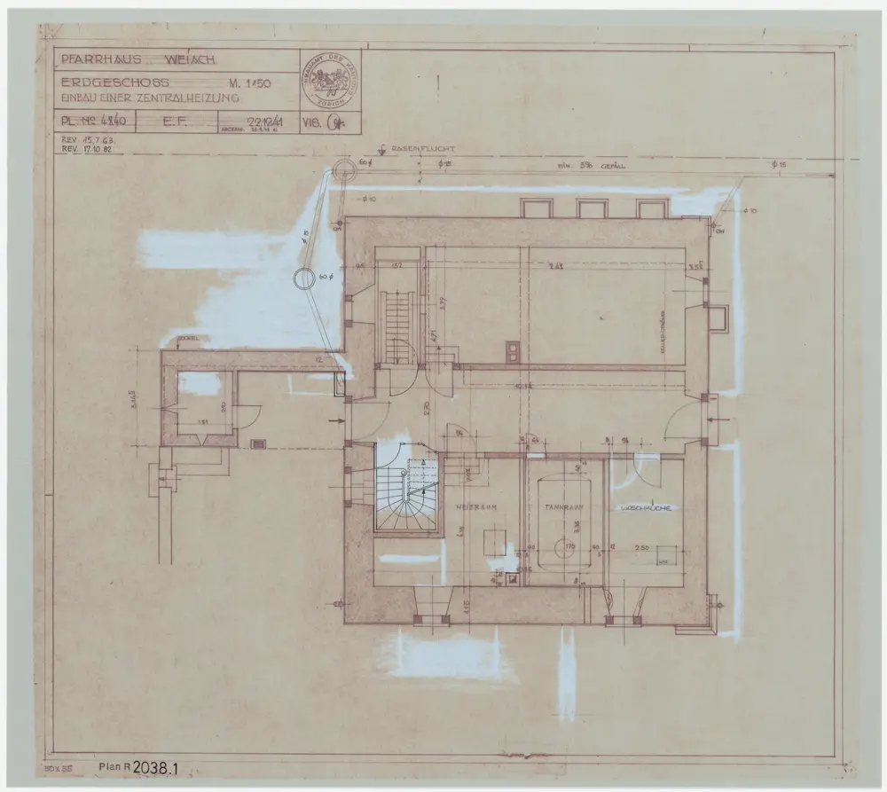 Weiach: Pfarrhaus, Einbau einer Kaminanlage und einer Zentralheizung: Einbau einer Zentralheizung, Erdgeschoss; Grundriss