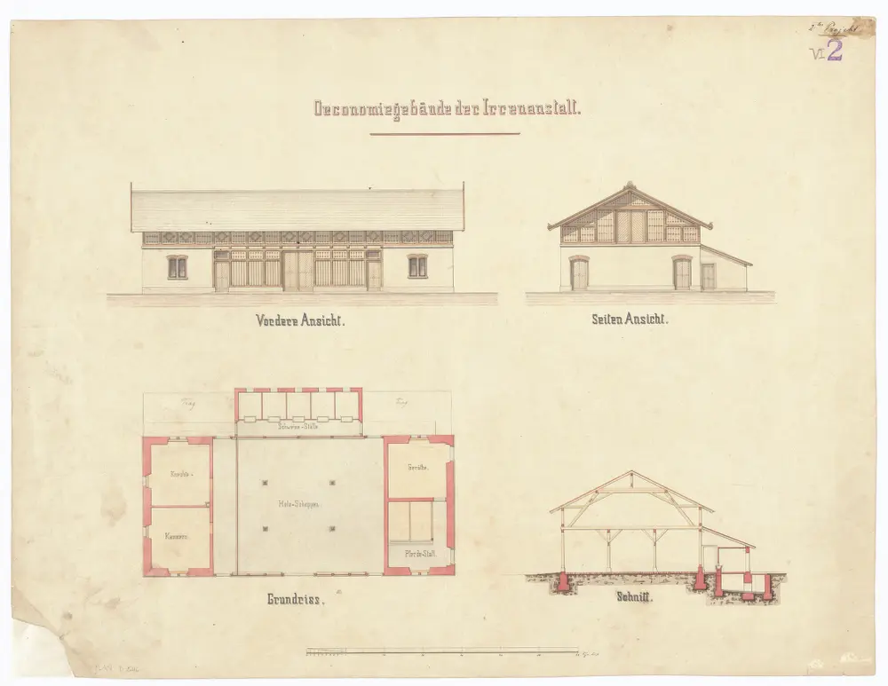 Irrenanstalt Burghölzli, projektiertes Ökonomiegebäude: Ansichten, Grundriss und Schnitt