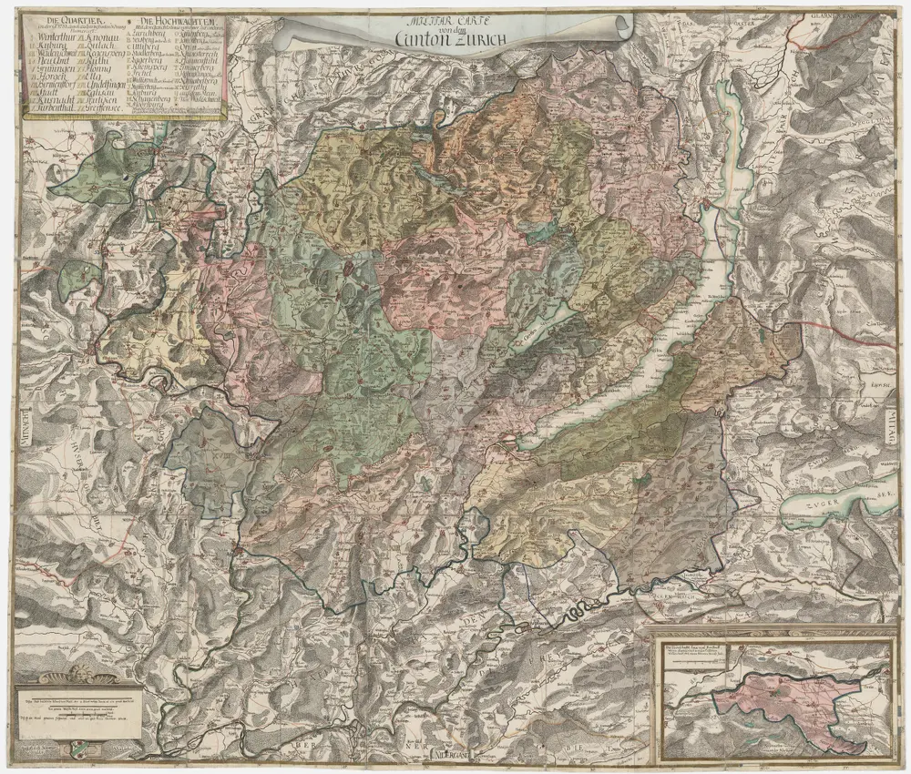 Einteilung der Militärquartiere und Hochwachten im Kanton Zürich; Übersichtskarte