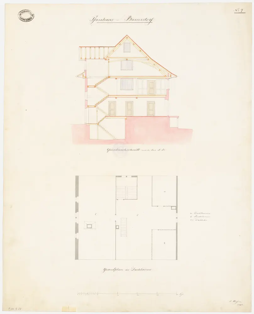 Bassersdorf: Pfarrhaus; Querschnitt und Grundriss des Dachgeschosses (Nr. 7)