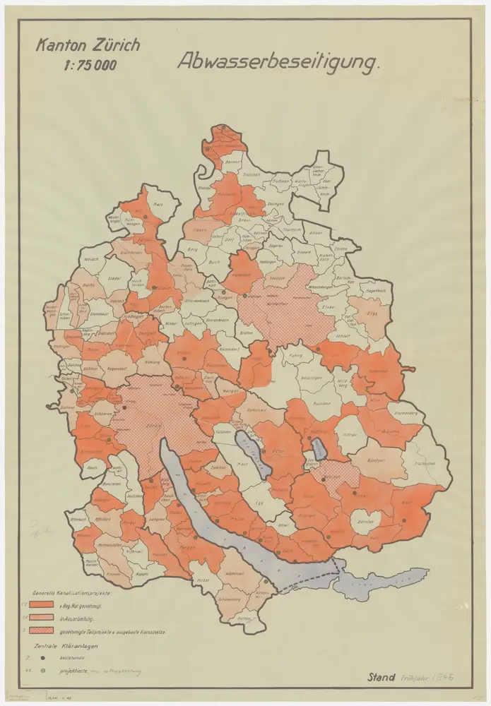 Kanton Zürich: Bestehende und projektierte Kanalisationen und Abwasserreinigungsanlagen, Zustand Frühjahr 1946; Übersichtskarte