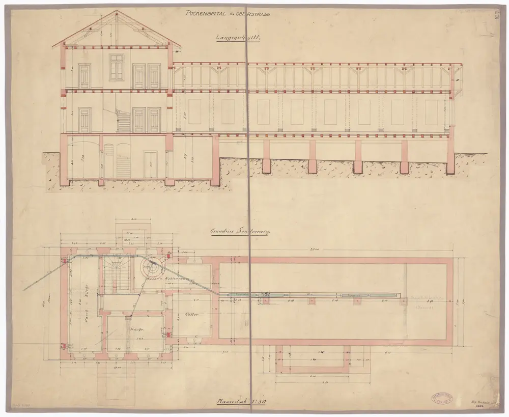 Pockenspital Oberstrass: Grundriss (Kellergeschoss) und Längsschnitt