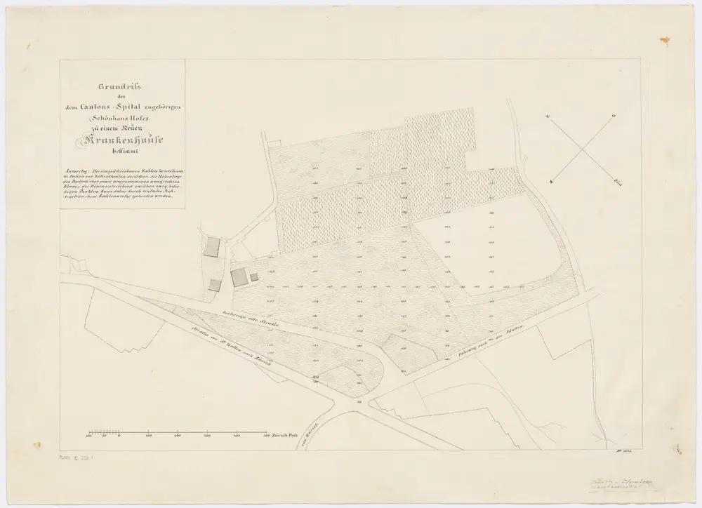 Fluntern: Zum Kantonsspital Zürich gehörender Schönhaus-Hof, bestimmt für ein neues Krankenhaus; Grundriss: Version 1