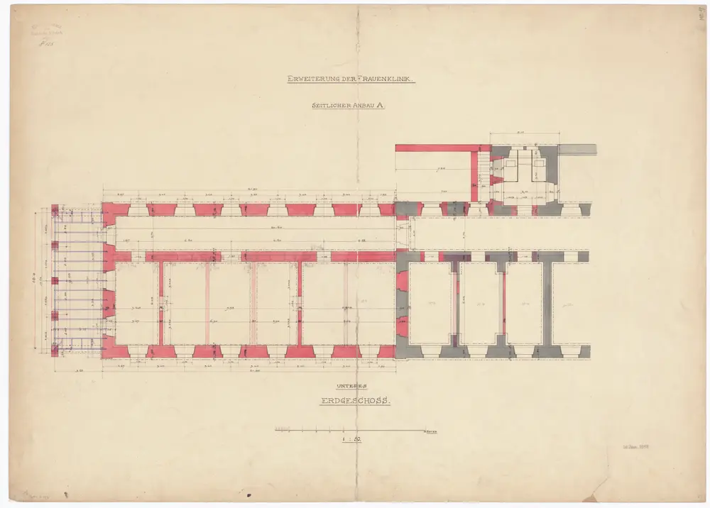 Frauenklinik Zürich: Erweiterung, seitlicher Anbau A; Unteres Erdgeschoss; Grundriss