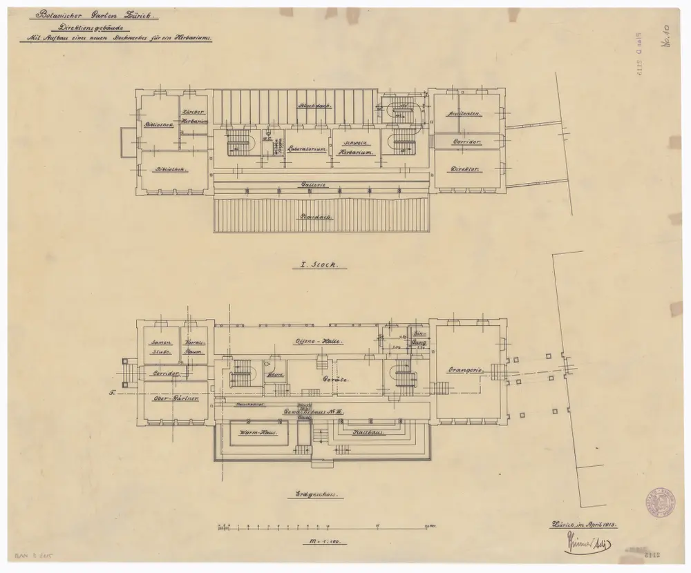 Botanischer Garten, Direktionsgebäude: Aufbau eines Stockwerks für ein Herbarium; Erdgeschoss und 1. Stock; Grundrisse