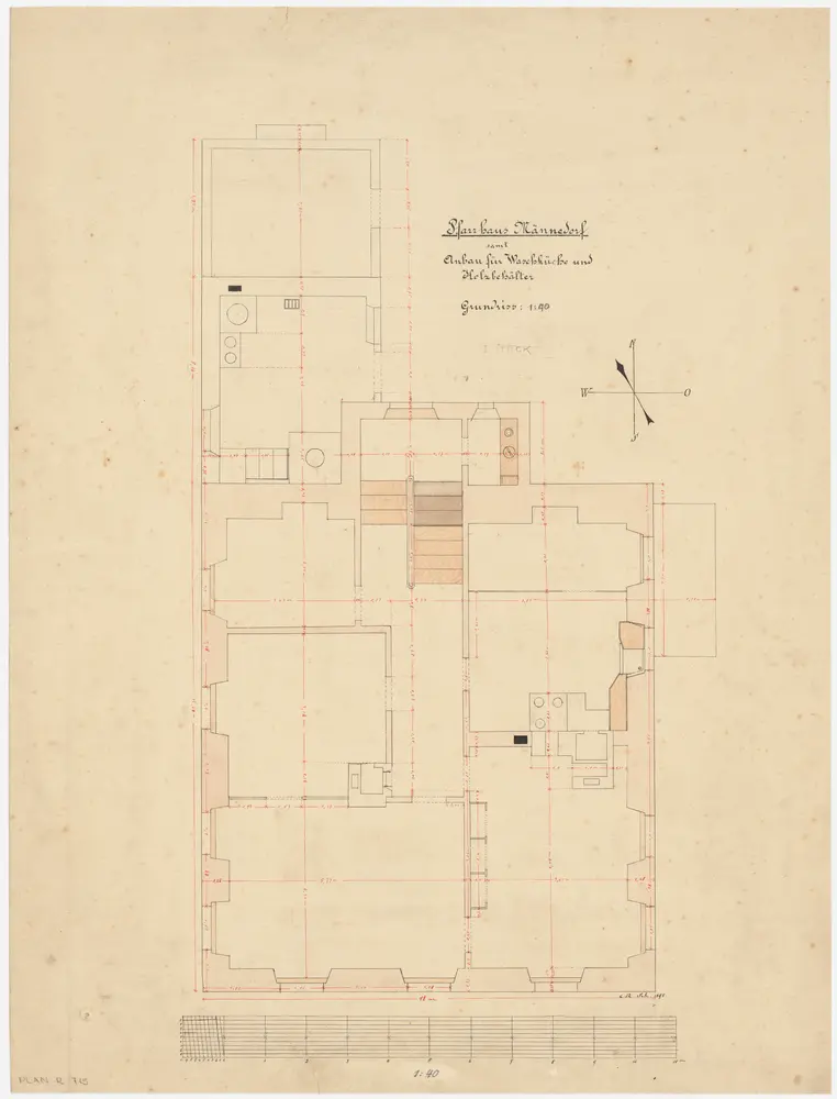 Männedorf: Pfarrhaus mit projektiertem, angebautem Wasch- und Holzhaus, 1. Stock; Grundriss