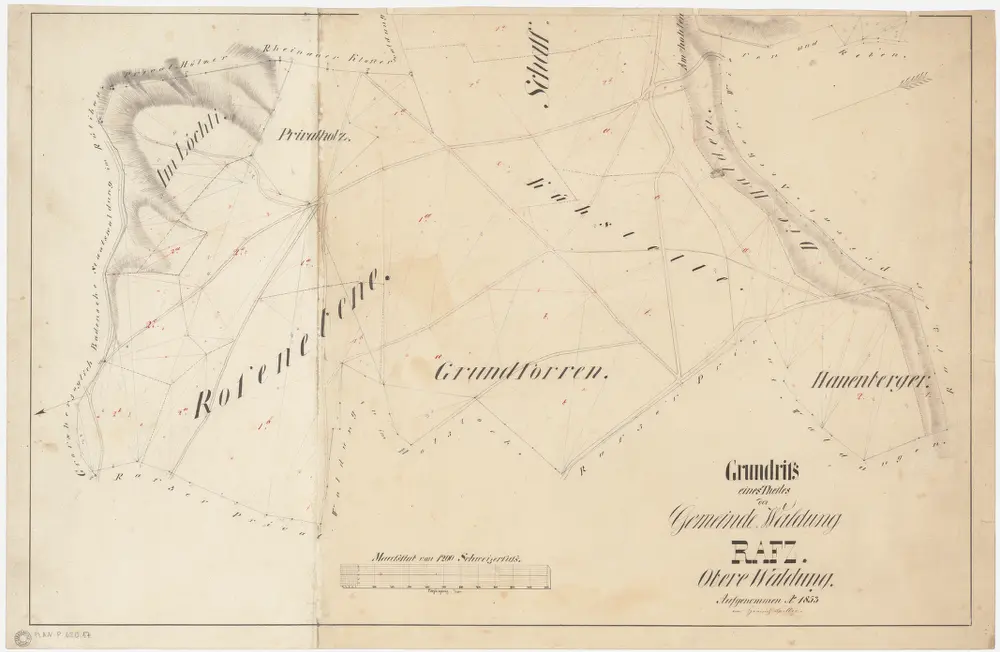 Rafz, Jestetten (Deutschland), Lottstetten (Deutschland): Gemeindewaldung Rafz: Rafz: Obere Waldung mit Löchli, Rosenebni (Rosen Ebne), Schaffhuserhau (Schafhauser Hau), Grundforen (Grundforren), Chüestelli (Kühstelle), Hanenberger; Grundriss