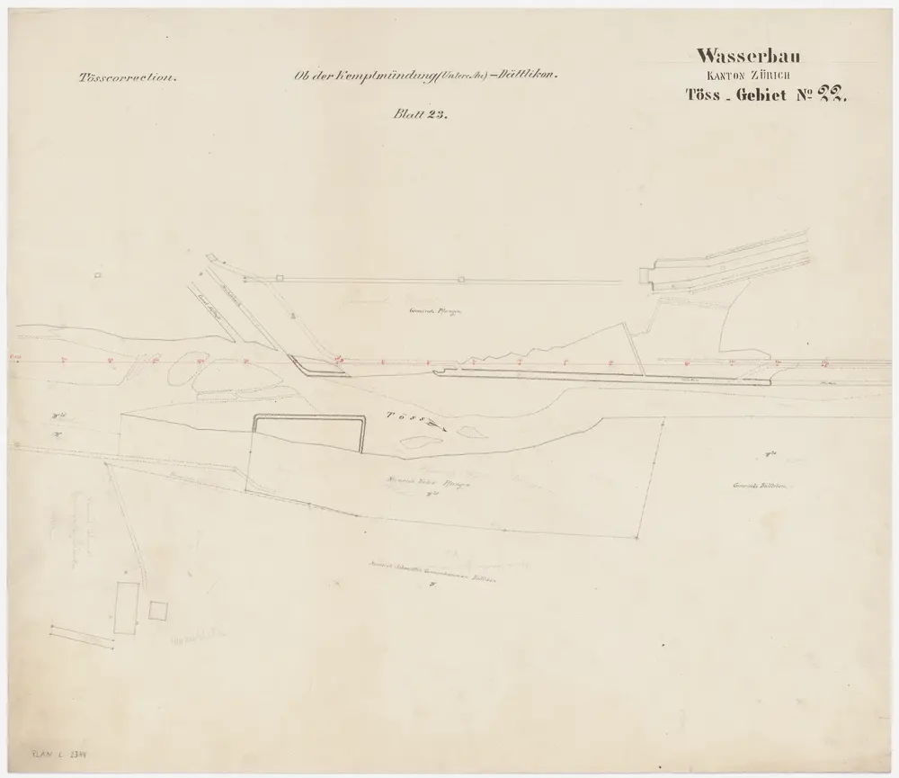 Pfungen, Dättlikon: Unterhalb Wurmetshalden, Tösskorrektion; Situationsplan (Töss-Gebiet Nr. 22, Blatt 23)