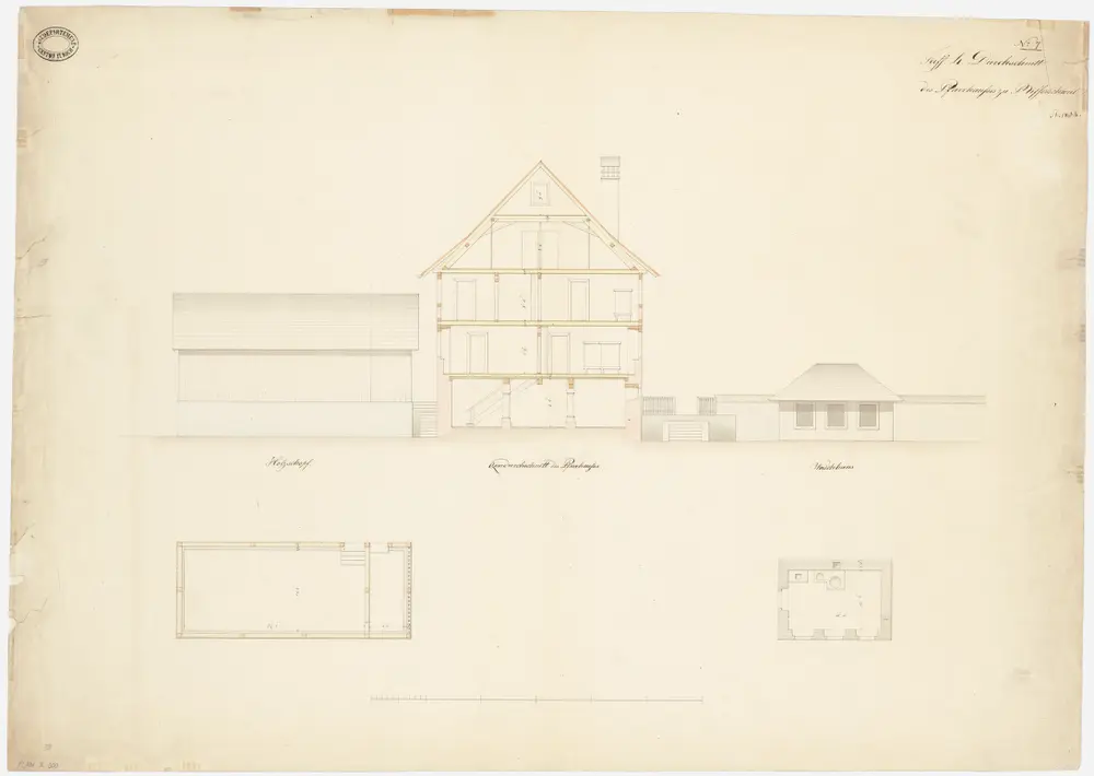 Rifferswil: Pfarrhaus mit Holzschuppen und Waschhaus; Querschnitt des Pfarrhauses sowie Ansichten und Grundrisse des Holzschuppen und Waschhauses (Nr. 7)