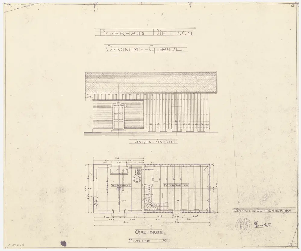 Dietikon: Ökonomiegebäude; Ansicht und Grundriss (Nr. 13)