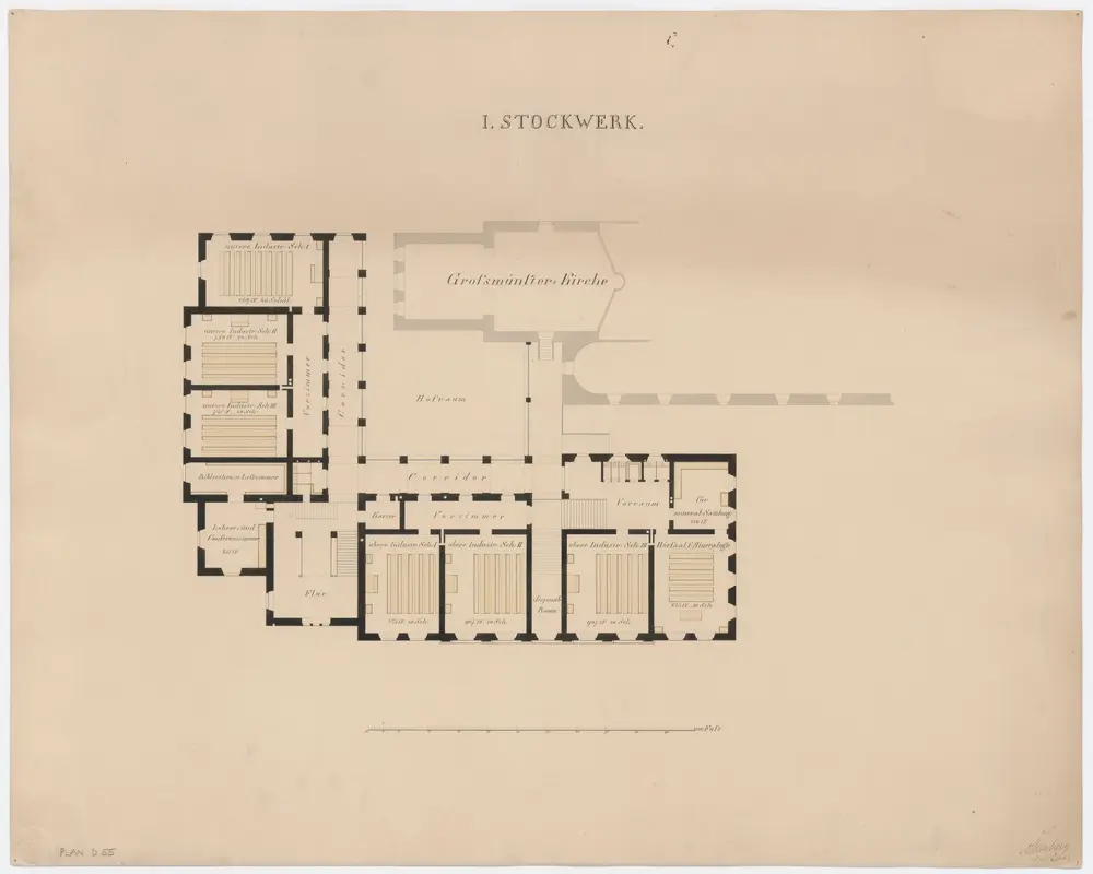 Projektierte Kantonsschule beim Grossmünster: 1. Stock (Obere und Untere Industrieschule); Grundriss