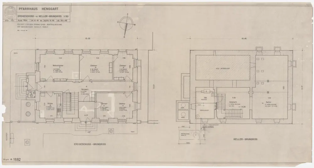 Henggart: Pfarrhaus, projektierter Einbau einer Zentralheizung mit einem Heizöltank: Keller und Erdgeschoss; Grundrisse