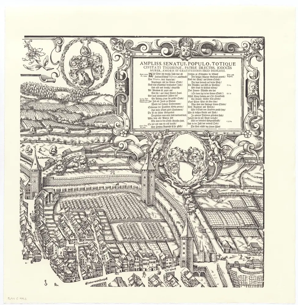 Holzschnitt-Planvedute (Ansichtsplan) der Stadt Zürich (Murer-Plan) von 1576: Blatt 3: Teilplan oben rechts