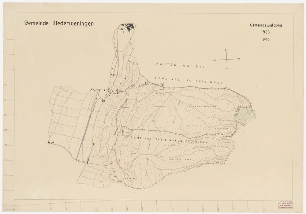 Niederweningen: Gemeindewaldungen Mösli, Egghalde, Länzrüti (Lenzrüti), Buchenrain, Buechen (Buchen), Platte, Lercheneinschlag, Mülibuck (Mühlebuck), Lärchenischlag (Lercheneinschlag), Erlenmoos, Tannenrain; Grundriss