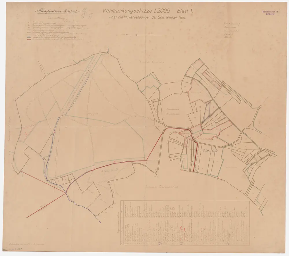 Winkel: Privatwaldungen: Vermarkungsskizze, Blatt 1: Hof Rüebisberg (Rübisberg), Rotzimoos, Hüttenbüel (Hüttenbühl), Platten, Chuchi (Küche); Grundriss