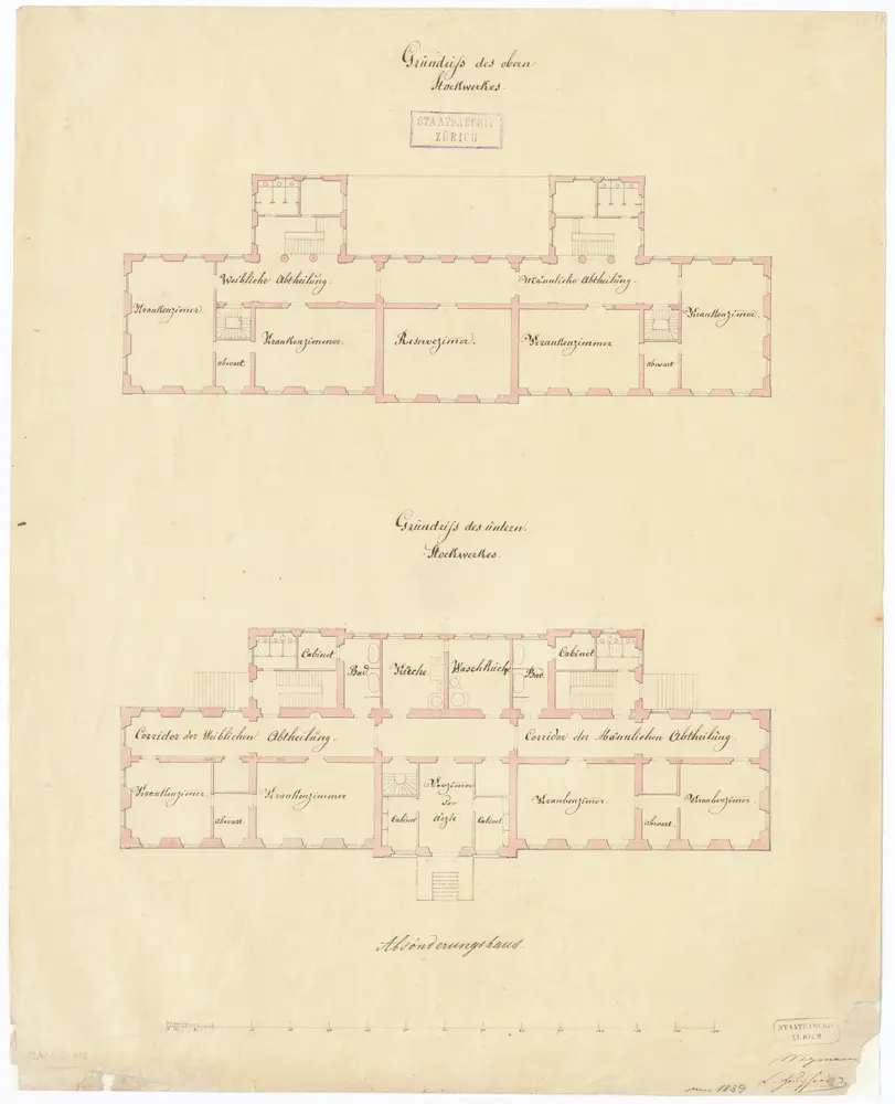 Kantonsspital Zürich, projektiertes Absonderungshaus, Oberstrass: Oberer und unterer Stock; Grundrisse