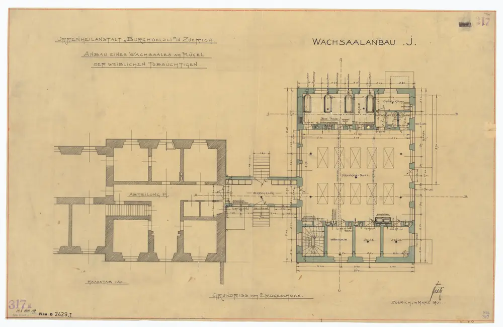 Irrenheilanstalt Burghölzli: Frauenabteilung, weibliche Tobsüchtige, Wachsaalanbau; Grundrisse: Erdgeschoss; Grundriss