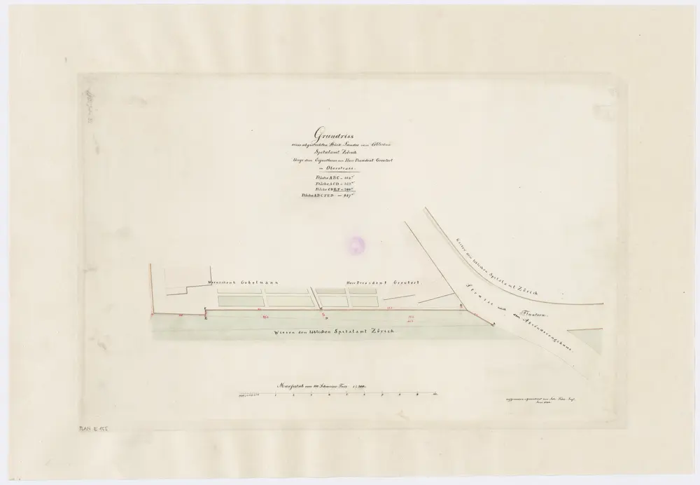 Fluntern: Dem Spital Zürich gehörendes Stück Land längs des Eigentums von Präsident Greutert; Grundriss