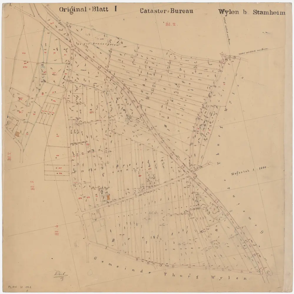 Oberstammheim: Wilen; Kataster-Originalpläne: Blatt I: Ob der Brunnärgeten (Brunnergeten), Obere Huebäcker, Probstpünt Einfängli, Im Möösli, Under Breitlen und Breitlen; Situationsplan