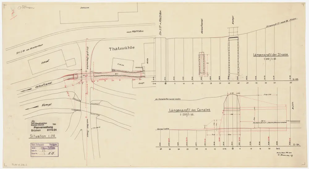 Illnau-Effretikon (damals Illnau): Brücke über den Kanal bei Talmüli (Thalmühle): Situationsplan und Längsprofile