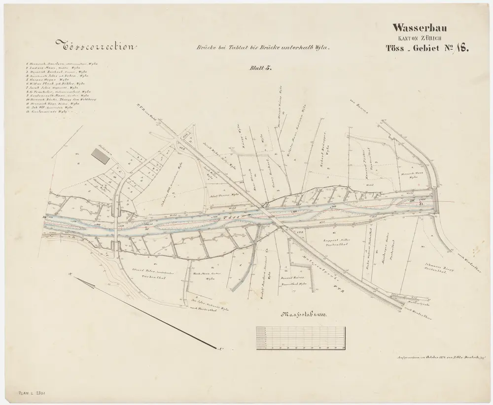 Wila: Von oberhalb der hölzernen Brücke bis zur gedeckten Brücke unterhalb Wila, Tösskorrektion; Situationsplan (Töss-Gebiet Nr. 18, Blatt 5)